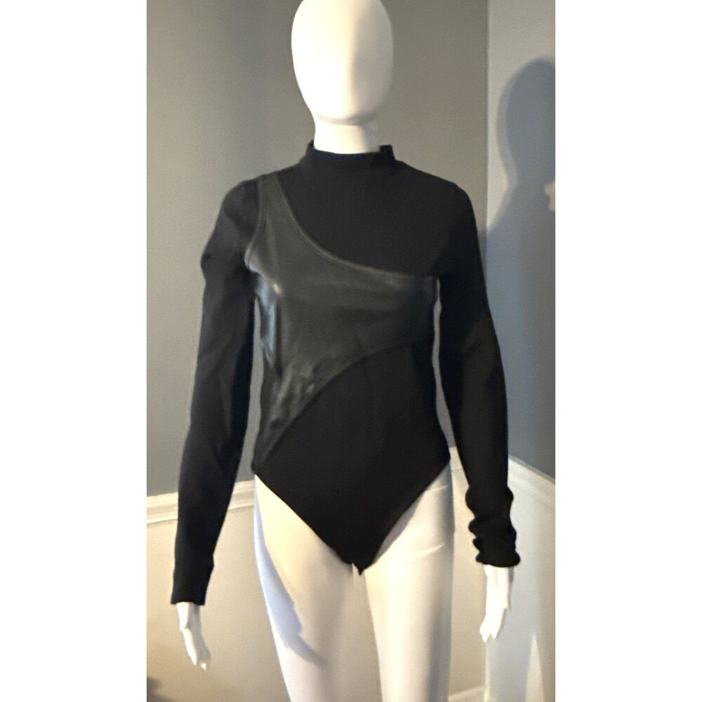Maniere De Voir Black Bodysuit Thong Top Faux Leather Goth Clubwear Retro SZ 8